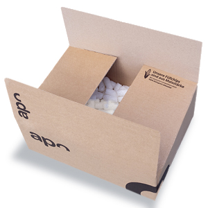 Ein Karton von apolux.de, welcher mit Maischips als Verpackungsmaterial gefüllt ist
