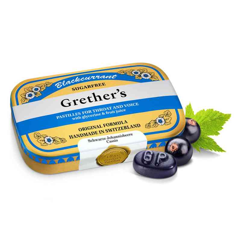 Grethers Blackcurrant Silber zuckerfrei Pastillen Dose 60 g von Hager Pharma GmbH PZN 00560420